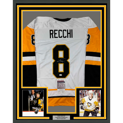 Framed Autographed/Signed Mark Recchi 35x39 Pittsburgh White Hockey Jersey JSA COA