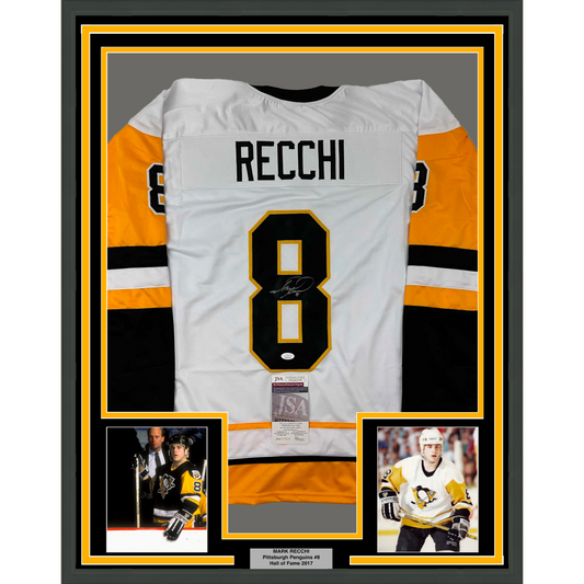 Framed Autographed/Signed Mark Recchi 35x39 Pittsburgh White Hockey Jersey JSA COA