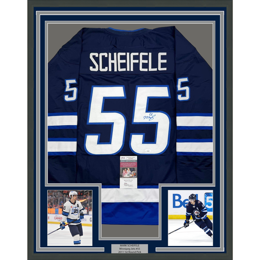 Framed Autographed/Signed Mark Scheifele 35x39 Winnipeg Blue Hockey Jersey JSA COA
