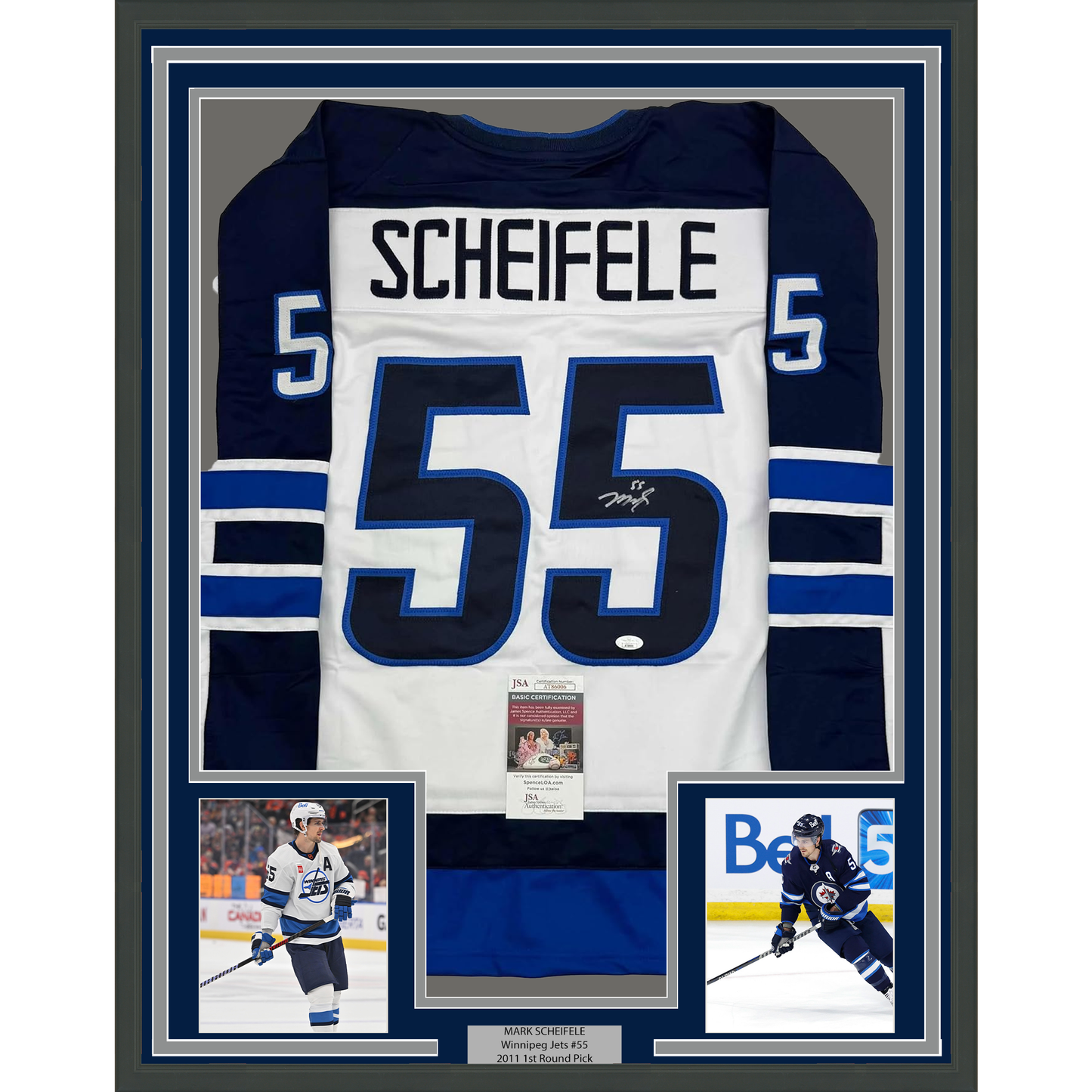 Framed Autographed/Signed Mark Scheifele 35x39 Winnipeg White Hockey Jersey JSA COA