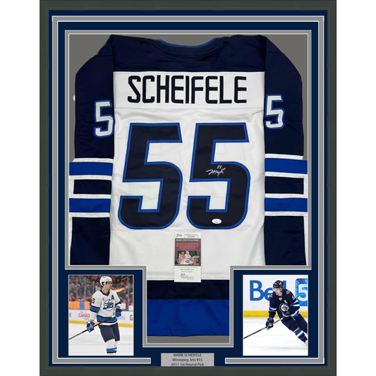Framed Autographed/Signed Mark Scheifele 35x39 Winnipeg White Hockey Jersey JSA COA