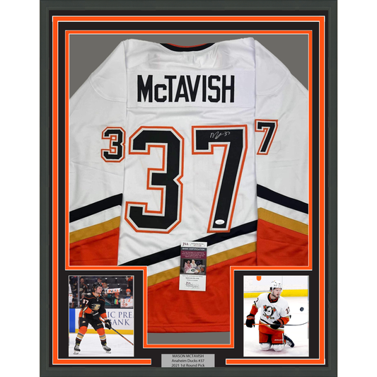 Framed Autographed/Signed Mason McTavish 35x39 Anaheim White Hockey Jersey JSA COA