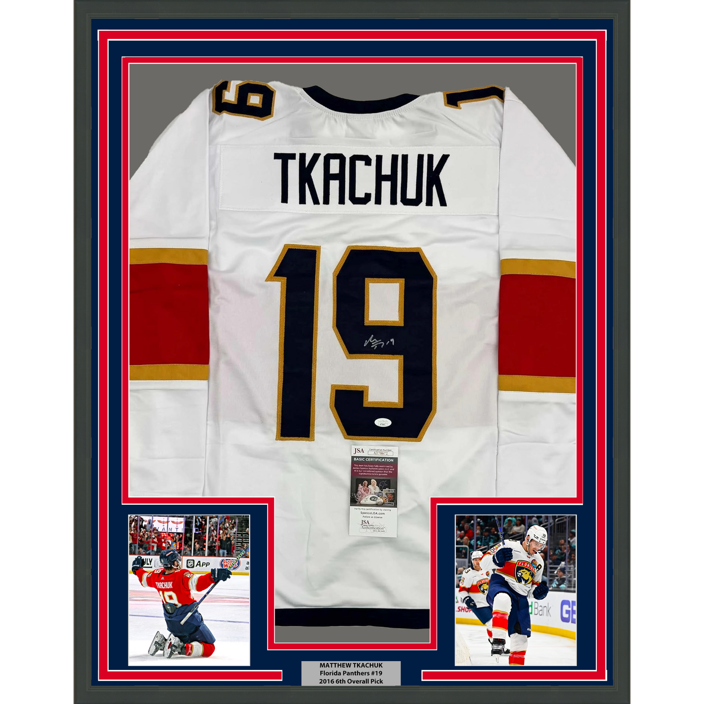 Framed Autographed/Signed Matthew Tkachuk 35x39 Florida White Hockey Jersey JSA COA