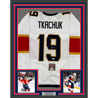 Framed Autographed/Signed Matthew Tkachuk 35x39 Florida White Hockey Jersey JSA COA