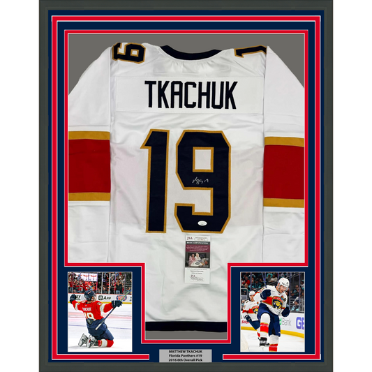 Framed Autographed/Signed Matthew Tkachuk 35x39 Florida White Hockey Jersey JSA COA
