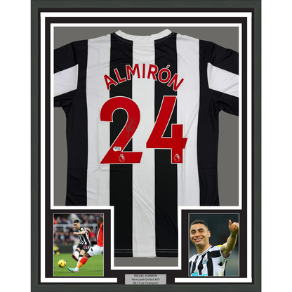 Framed Autographed/Signed Miguel Almiron 35x39 Newcastle United White/Black Soccer Jersey Beckett BAS COA