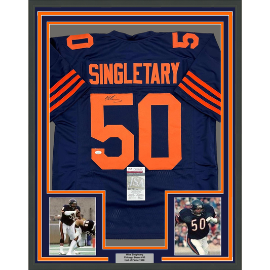 Framed Autographed/Signed Mike Singletary 35x39 Chicago Retro Blue Color Rush Football Jersey JSA COA
