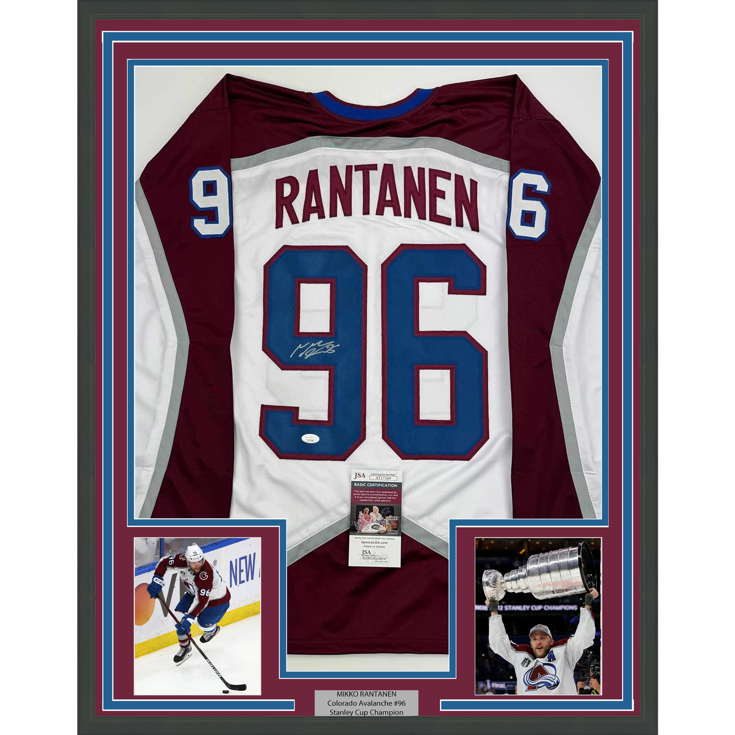 Framed Autographed/Signed Mikko Rantanen 35x39 Colorado White Hockey Jersey JSA COA