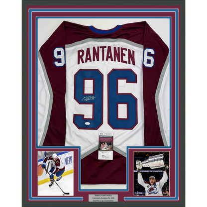 Framed Autographed/Signed Mikko Rantanen 35x39 Colorado White Hockey Jersey JSA COA