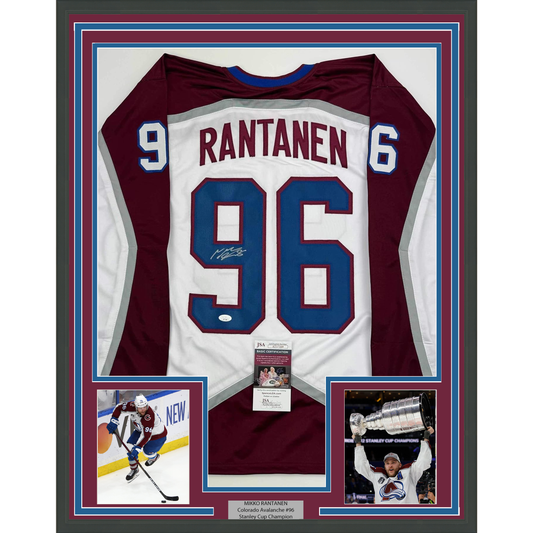Framed Autographed/Signed Mikko Rantanen 35x39 Colorado White Hockey Jersey JSA COA