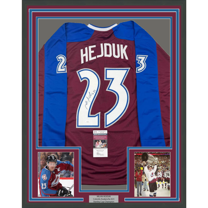 Framed Autographed/Signed Milan Hejduk 35x39 Colorado Maroon Hockey Jersey JSA COA