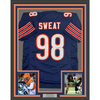 Framed Autographed/Signed Montez Sweat Tez Effect 35x39 Chicago Blue Football Jersey PSA COA