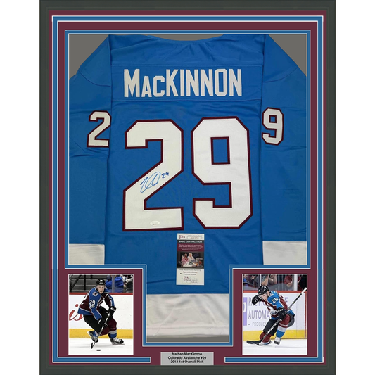 Framed Autographed/Signed Nathan MacKinnon 35x39 Colorado Blue Hockey Jersey JSA COA