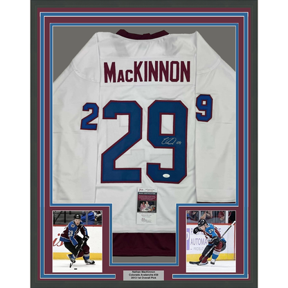 Framed Autographed/Signed Nathan MacKinnon 35x39 Colorado White Hockey Jersey JSA COA