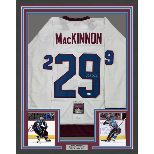 Framed Autographed/Signed Nathan MacKinnon 35x39 Colorado White Hockey Jersey JSA COA
