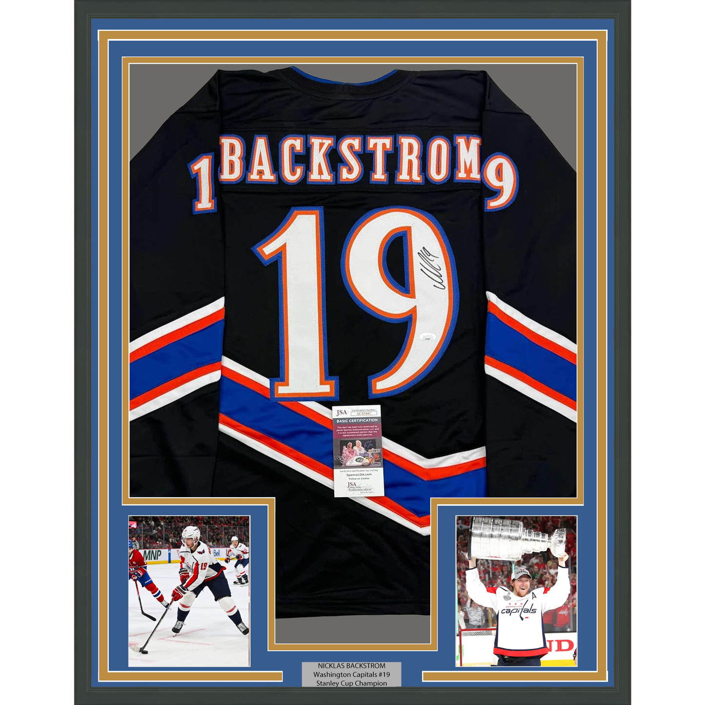 Framed Autographed/Signed Nicklas Backstrom 35x39 Washington Black Retro Hockey Jersey JSA COA