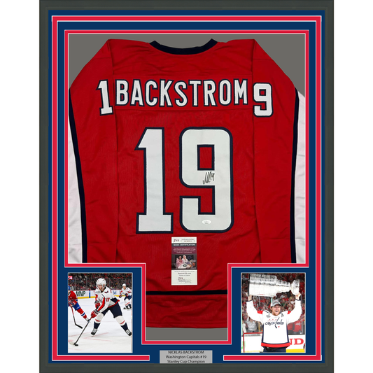 Framed Autographed/Signed Nicklas Backstrom 35x39 Washington Red Hockey Jersey JSA COA