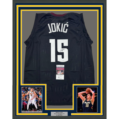 Framed Autographed/Signed Nikola Jokic 35x39 Denver Black 5280 City Edition Basketball Jersey JSA COA