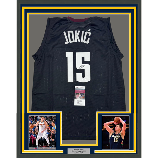 Framed Autographed/Signed Nikola Jokic 35x39 Denver Black 5280 City Edition Basketball Jersey JSA COA
