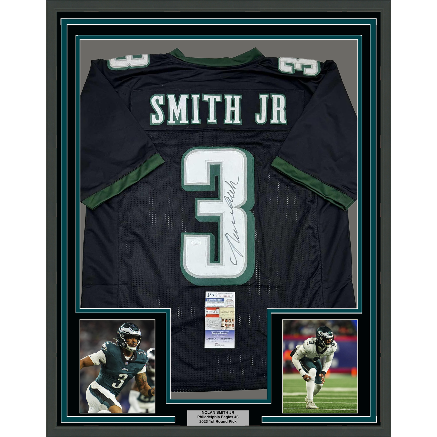 Framed Autographed/Signed Nolan Smith Jr. 35x39 Philadelphia Black Football Jersey JSA COA