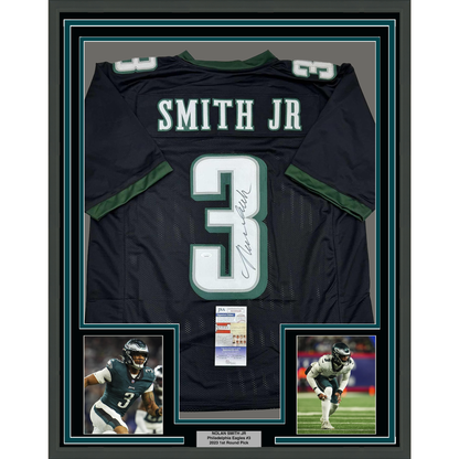 Framed Autographed/Signed Nolan Smith Jr. 35x39 Philadelphia Black Football Jersey JSA COA