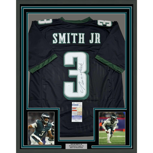 Framed Autographed/Signed Nolan Smith Jr. 35x39 Philadelphia Black Football Jersey JSA COA
