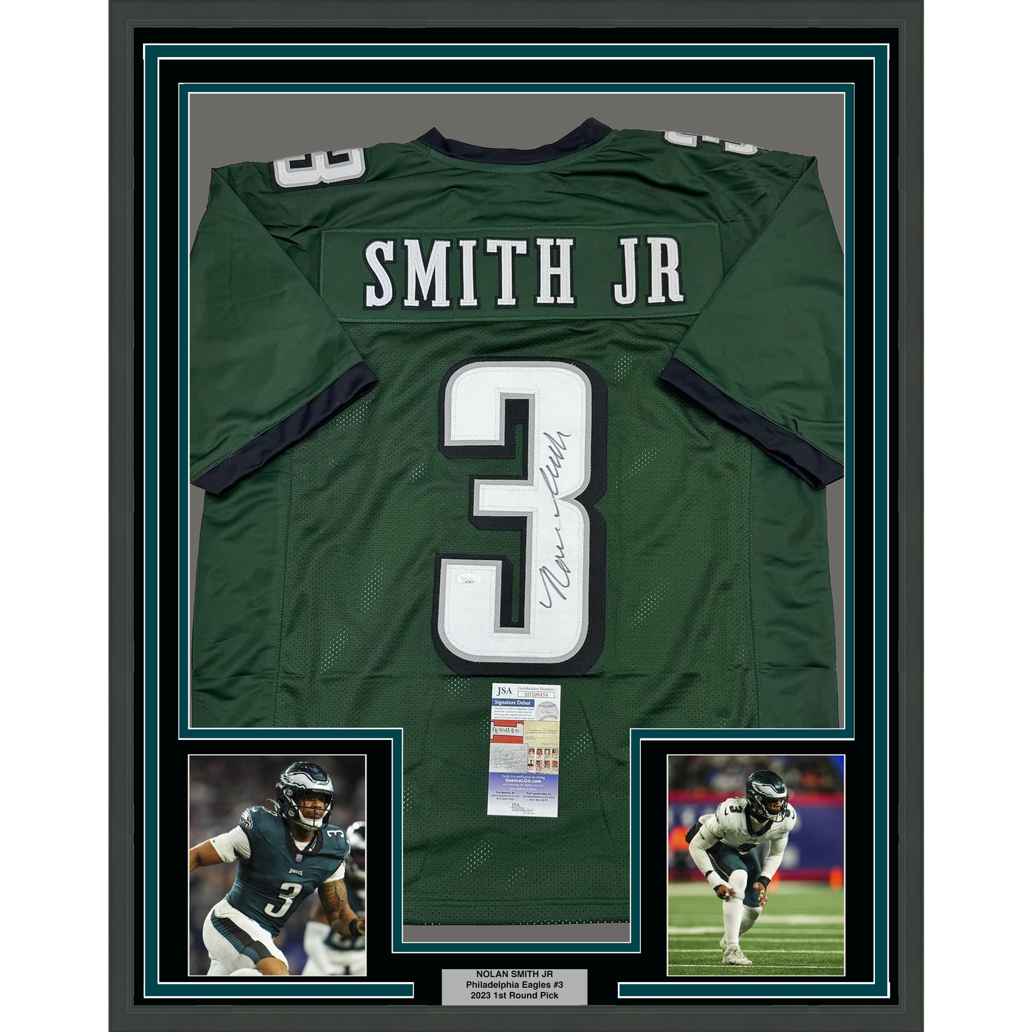 Framed Autographed/Signed Nolan Smith Jr. 35x39 Philadelphia Green Football Jersey JSA COA