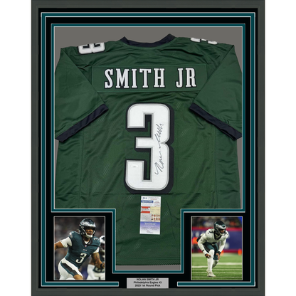Framed Autographed/Signed Nolan Smith Jr. 35x39 Philadelphia Green Football Jersey JSA COA