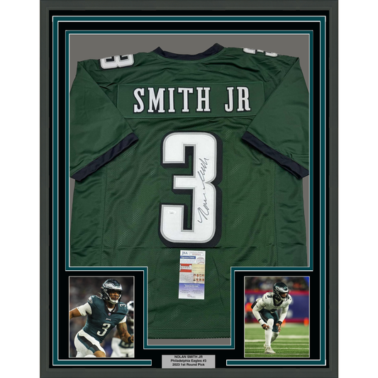 Framed Autographed/Signed Nolan Smith Jr. 35x39 Philadelphia Green Football Jersey JSA COA