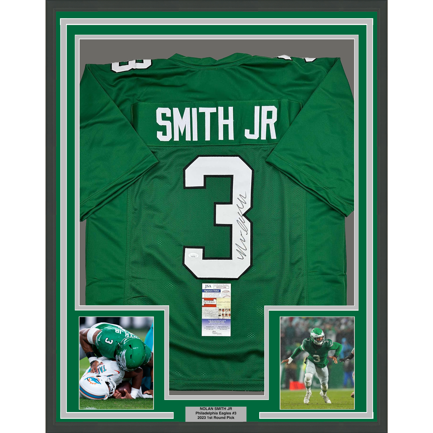 Framed Autographed/Signed Nolan Smith Jr. 35x39 Philadelphia Kelly Green Football Jersey JSA COA