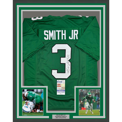 Framed Autographed/Signed Nolan Smith Jr. 35x39 Philadelphia Kelly Green Football Jersey JSA COA