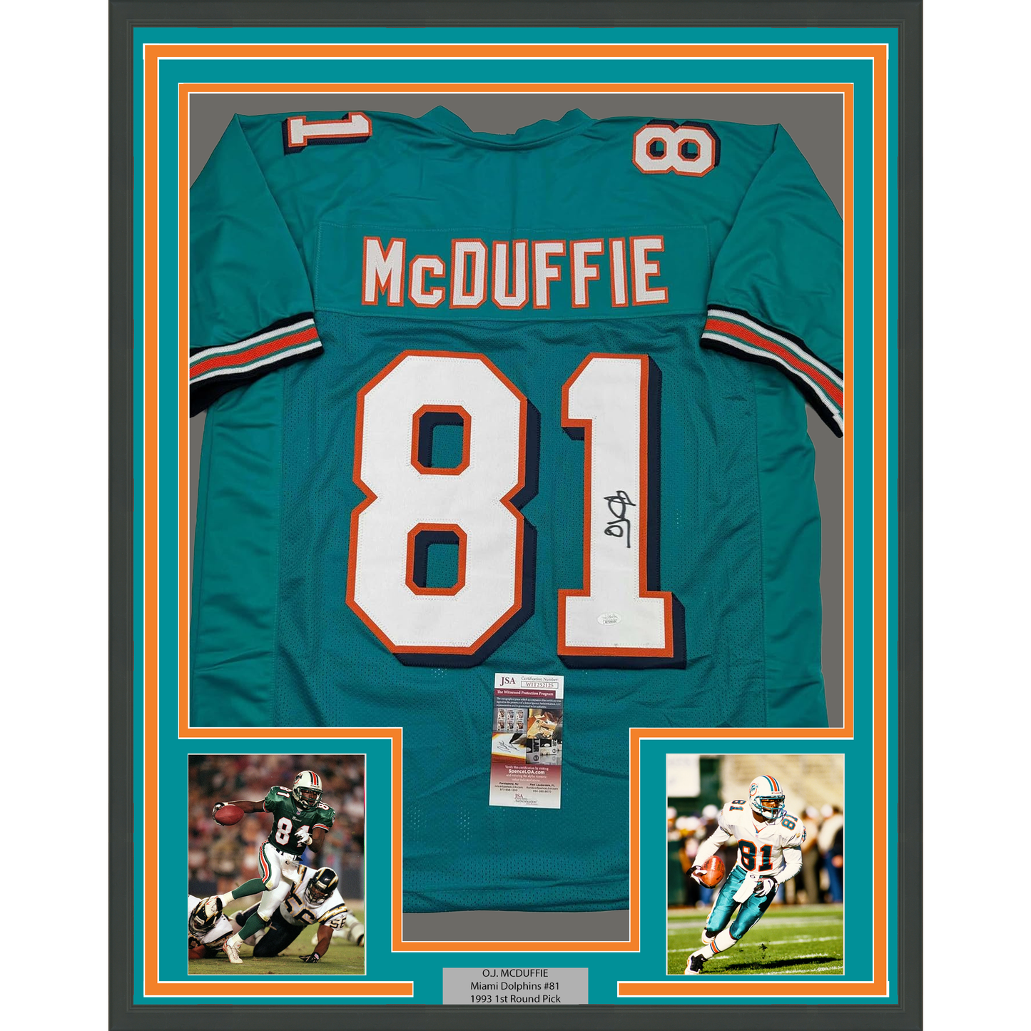 Framed Autographed/Signed O.J. OJ McDuffie 35x39 Miami Teal Football Jersey JSA COA