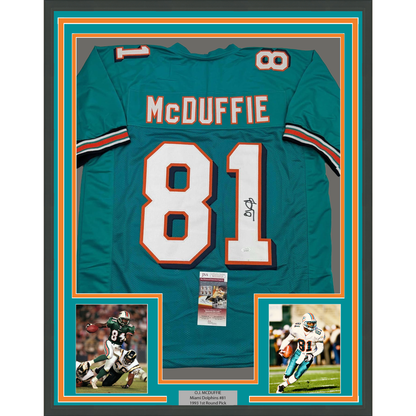 Framed Autographed/Signed O.J. OJ McDuffie 35x39 Miami Teal Football Jersey JSA COA