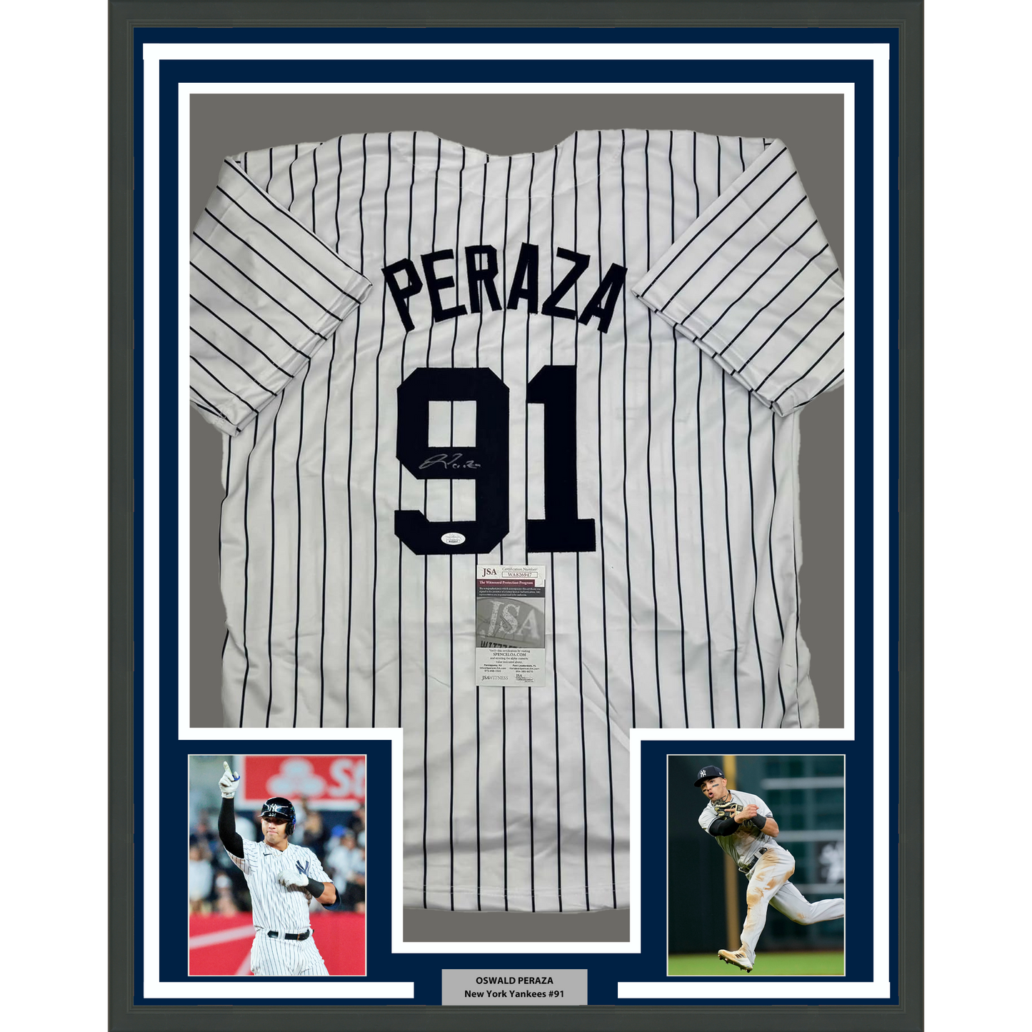 Framed Autographed/Signed Oswald Peraza 35x39 New York Pinstripe Baseball Jersey JSA COA
