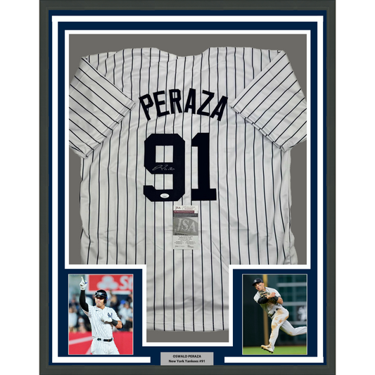 Framed Autographed/Signed Oswald Peraza 35x39 New York Pinstripe Baseball Jersey JSA COA