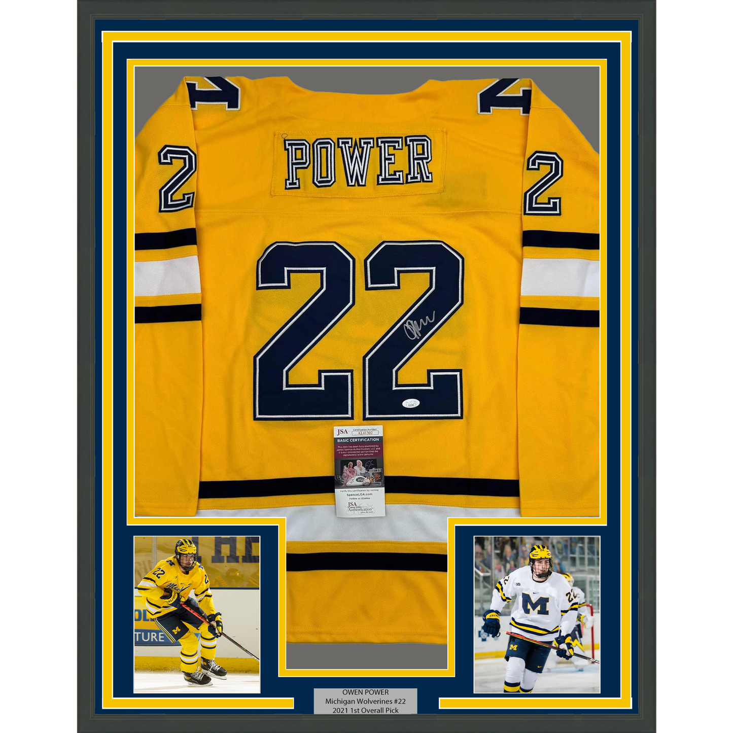 Framed Autographed/Signed Owen Power 35x39 Michigan Yellow College Hockey Jersey JSA COA