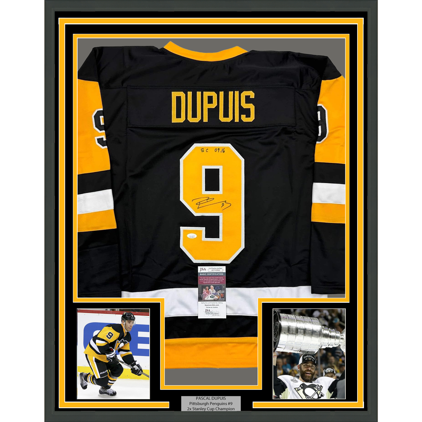 Framed Autographed/Signed Pascal Dupuis 35x39 Pittsburgh Black Hockey Jersey JSA COA
