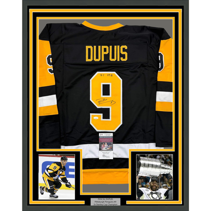 Framed Autographed/Signed Pascal Dupuis 35x39 Pittsburgh Black Hockey Jersey JSA COA