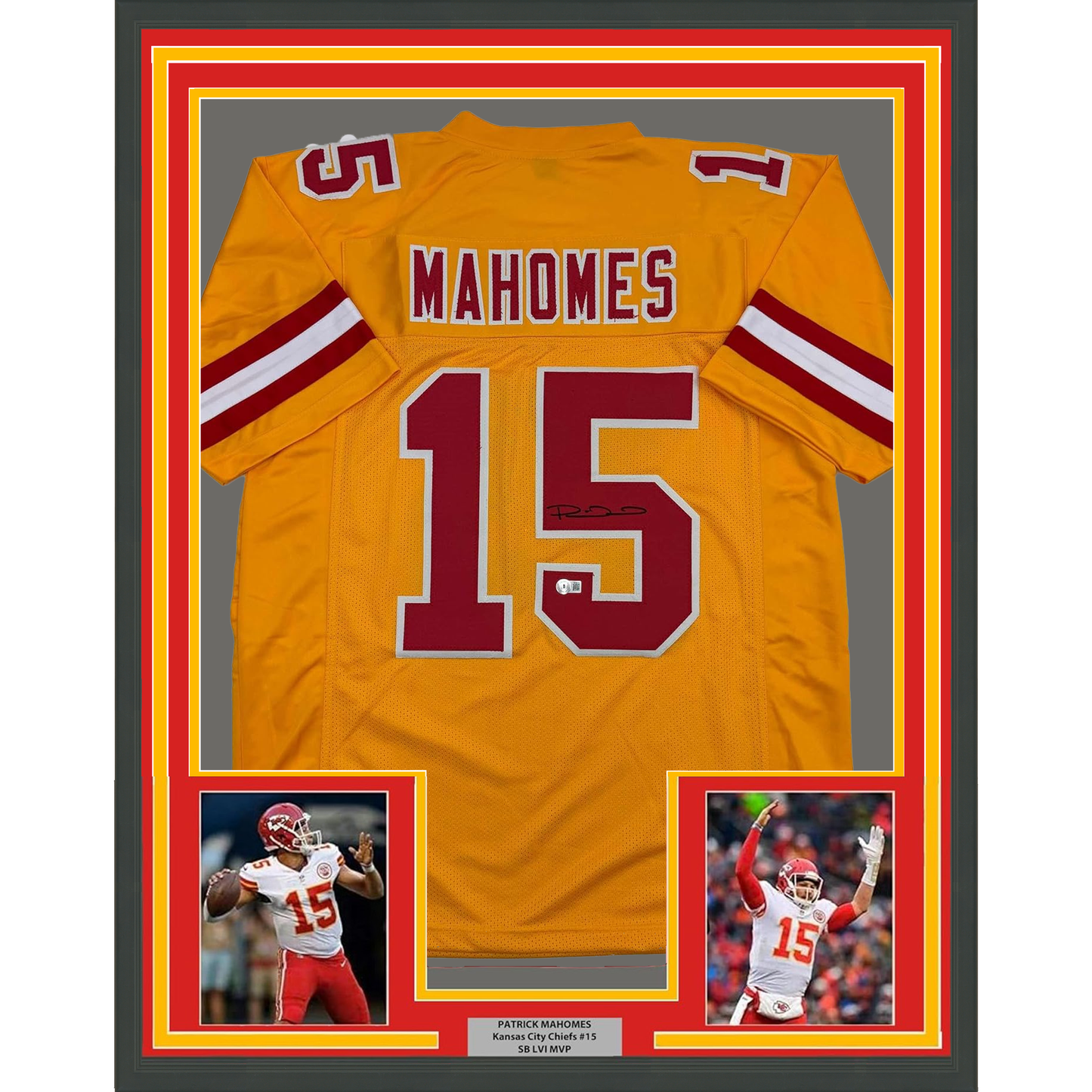 Framed Autographed/Signed Patrick Mahomes 35x39 Kansas City Yellow Football Jersey Beckett BAS COA