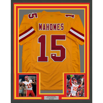 Framed Autographed/Signed Patrick Mahomes 35x39 Kansas City Yellow Football Jersey Beckett BAS COA