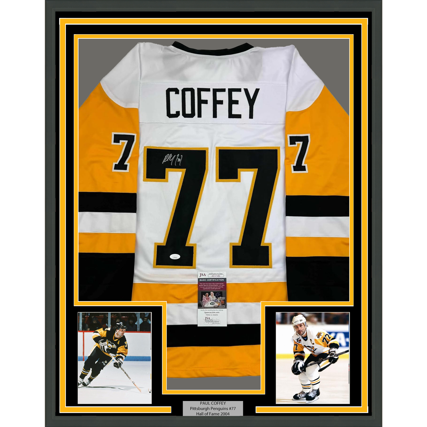 Framed Autographed/Signed Paul Coffey 35x39 Pittsburgh White Hockey Jersey JSA COA