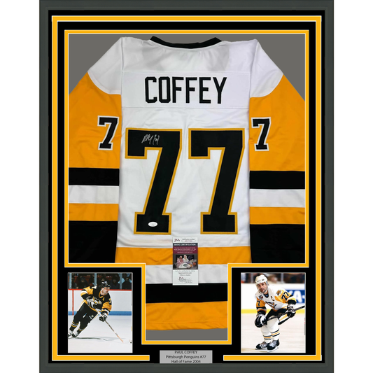 Framed Autographed/Signed Paul Coffey 35x39 Pittsburgh White Hockey Jersey JSA COA