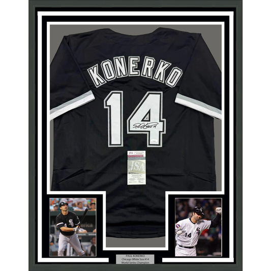 Framed Autographed/Signed Paul Konerko 35x39 Chicago Black Baseball Jersey JSA COA