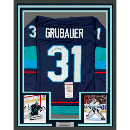 Framed Autographed/Signed Philipp Grubauer 35x39 Seattle Blue Hockey Jersey JSA COA