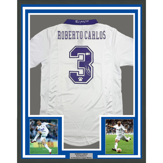 Framed Autographed/Signed Roberto Carlos 35x39 Real Madrid White Soccer Jersey Beckett BAS COA #2