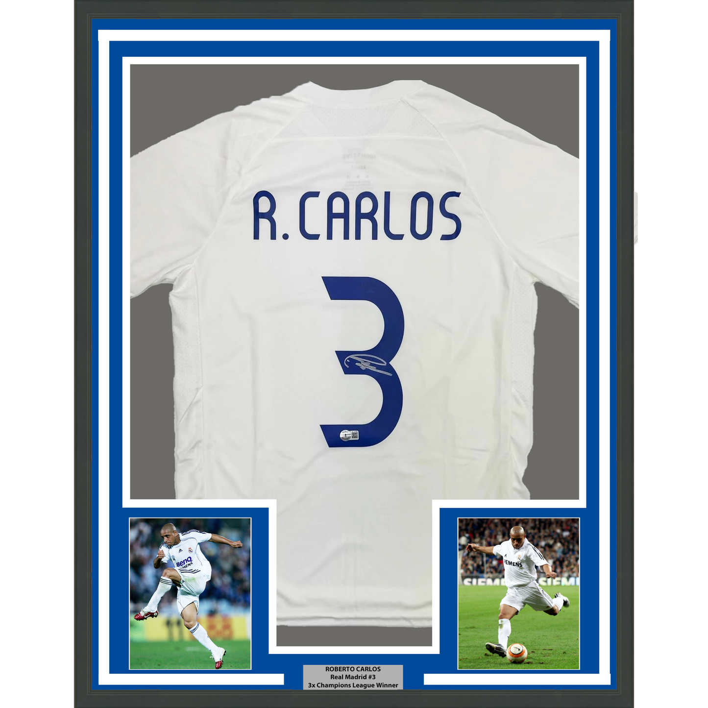 Framed Autographed/Signed Roberto Carlos 35x39 Real Madrid White Soccer Jersey Beckett BAS COA