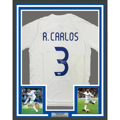 Framed Autographed/Signed Roberto Carlos 35x39 Real Madrid White Soccer Jersey Beckett BAS COA