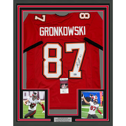 Framed Autographed/Signed Rob Gronk Gronkowski 35x39 Tampa Bay Red Football Jersey JSA COA