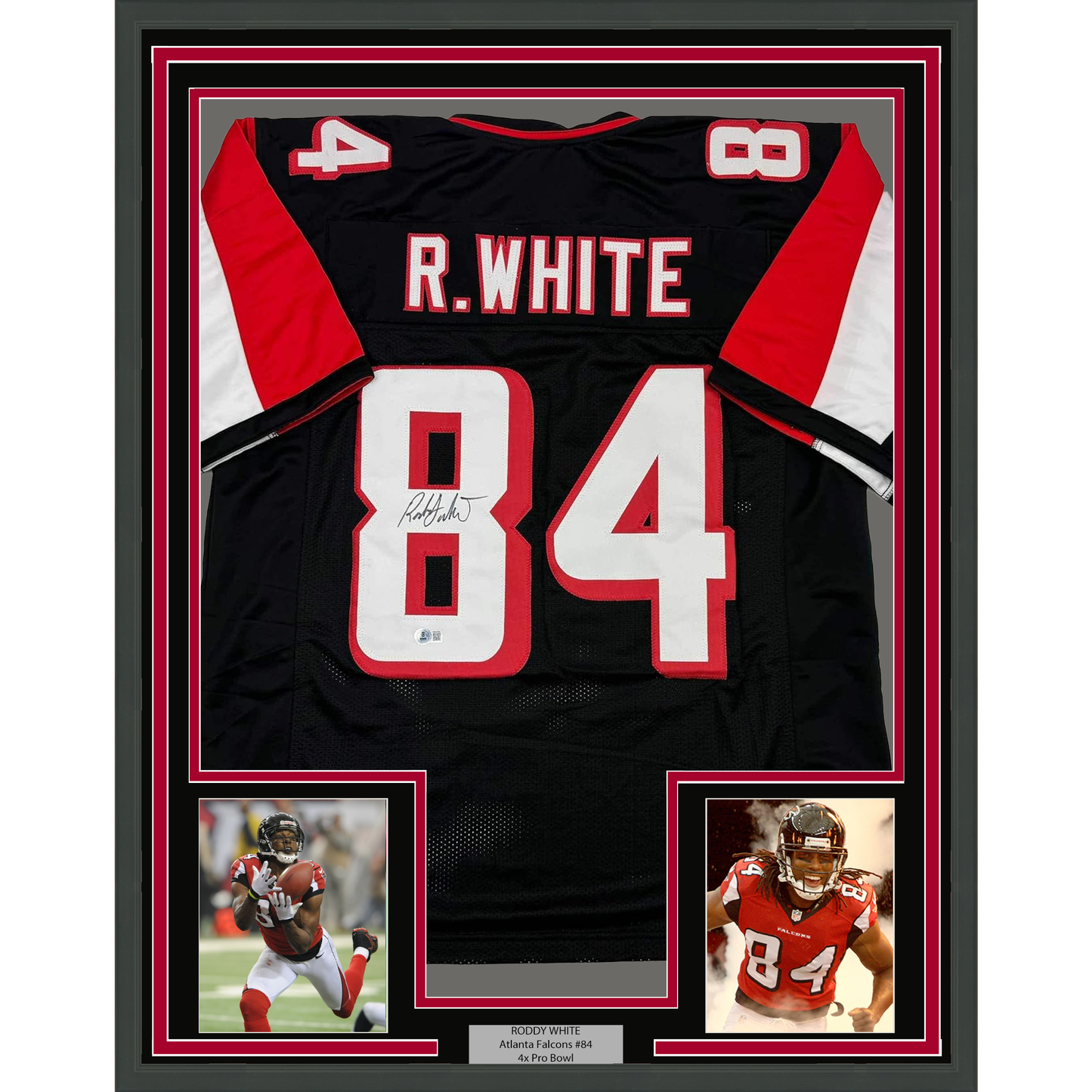 Framed Autographed/Signed Roddy White 35x39 Atlanta Black Football Jersey Beckett BAS COA