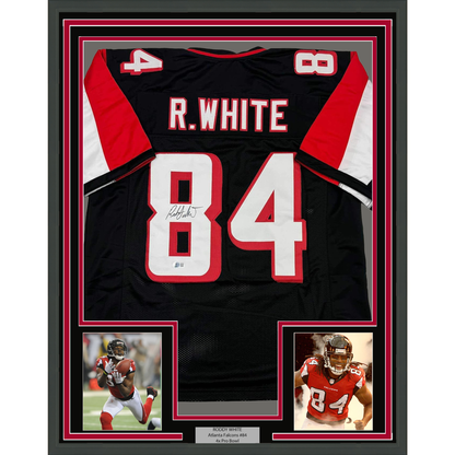 Framed Autographed/Signed Roddy White 35x39 Atlanta Black Football Jersey Beckett BAS COA